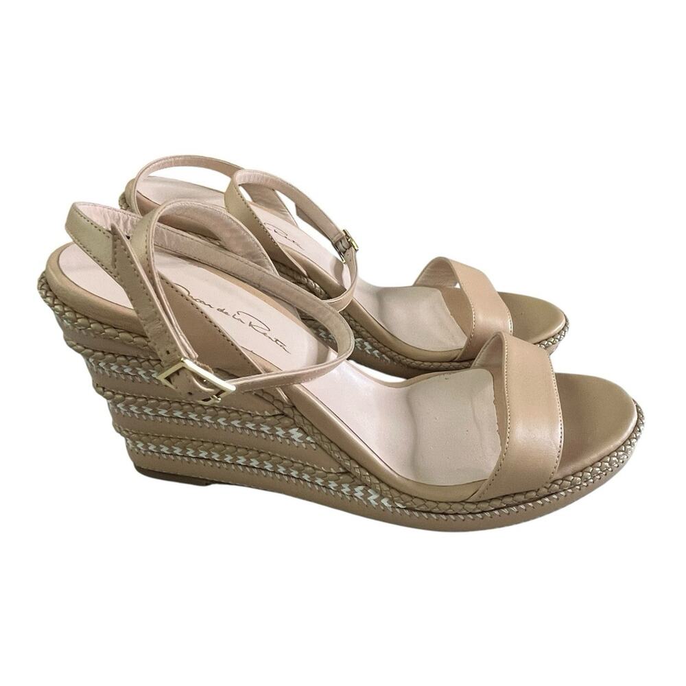 Oscar de la Renta Leather Wedge Sandal ITALY Size 40 US 10 Wrap Ankle Strap Nude - Picture 4 of 15